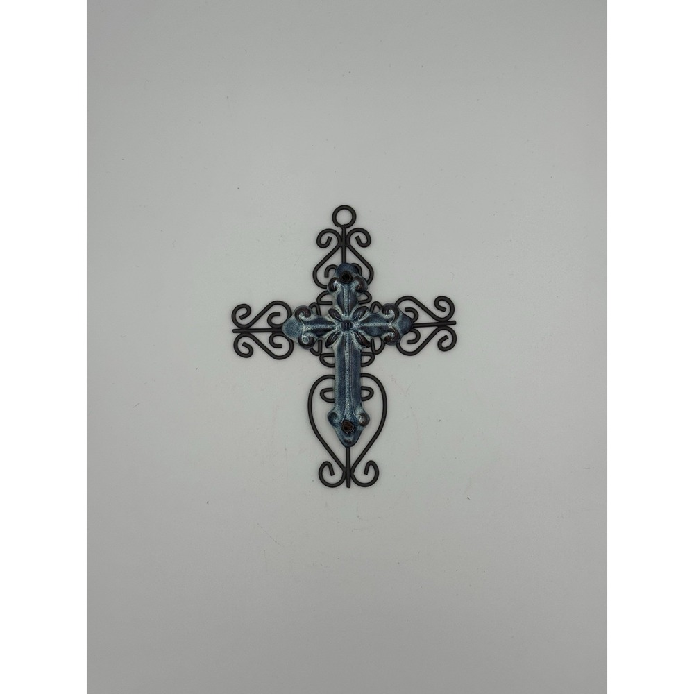 Blue Glazed Ceramic Cross on Wire Backing‎